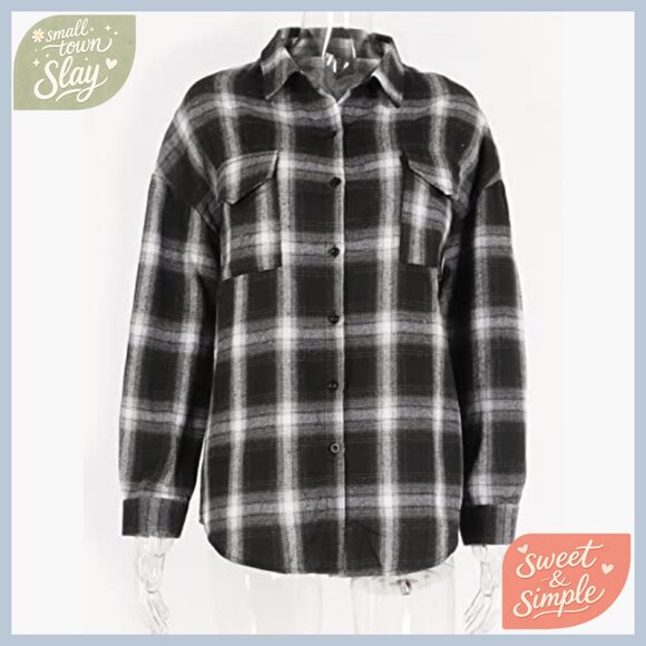 Oversized Flannel Plaid Button Down Shirt Lightweight Long Sleeve Blouse - Picture 5 of 7